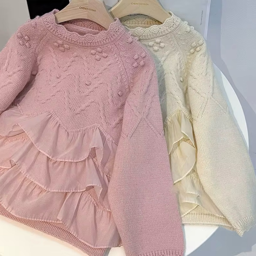 Girls Knit Ruffle Sweater | Pink & Cream | Adorable Winter Outfit